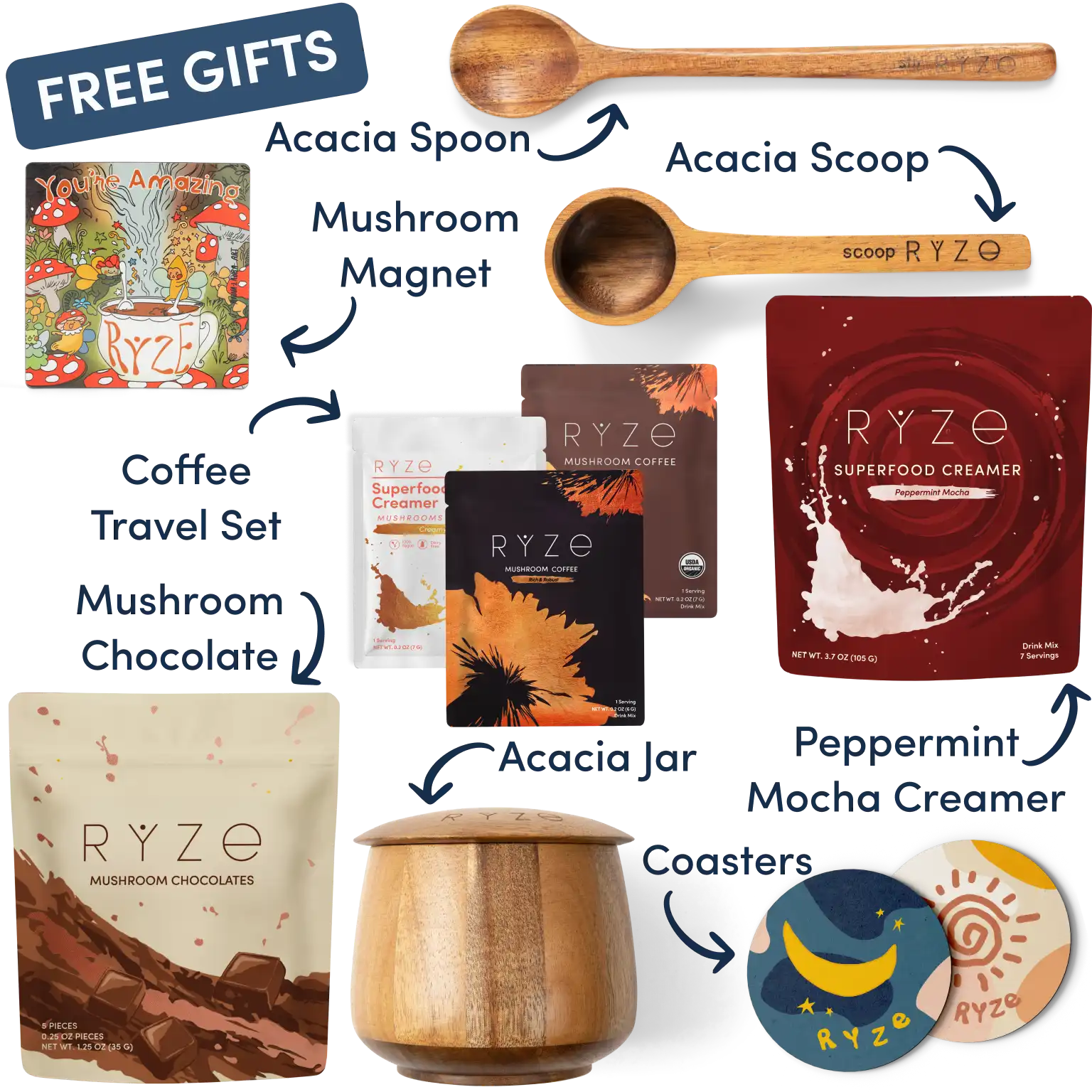 Collection of Ryze products including cocoa, spoon, scoop, coasters, and a mushroom-themed magnet.