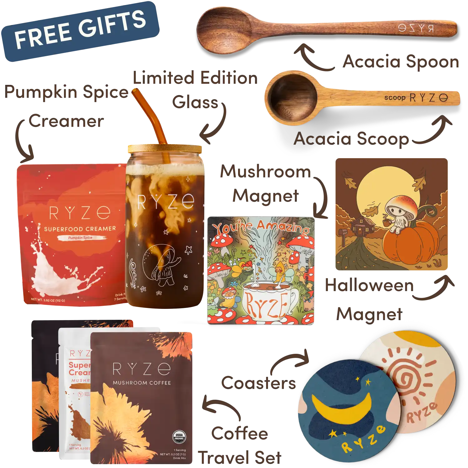 Collection of Ryze products including hot cocoa, wooden utensils, coasters, and a mushroom-themed magnet.