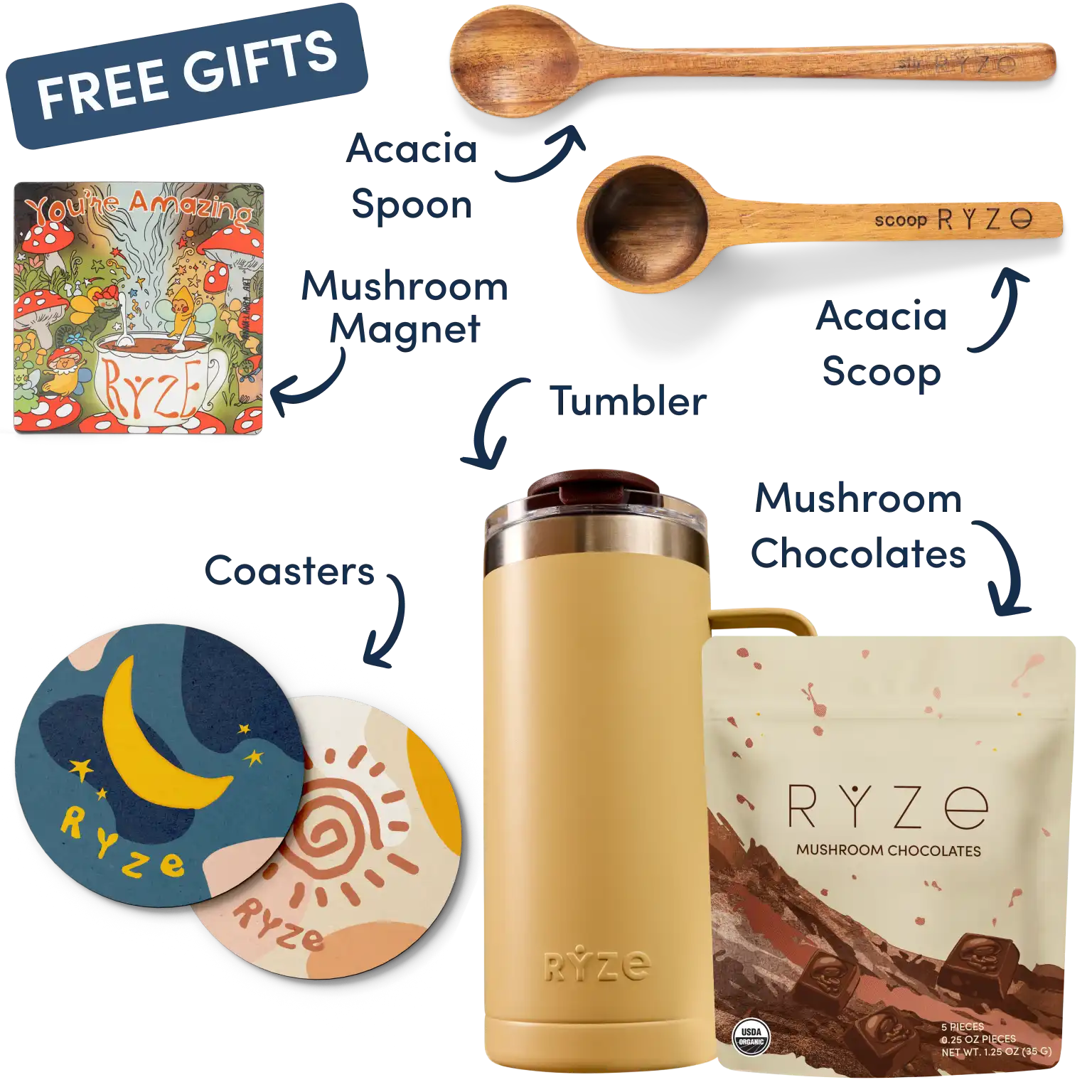 Collection of Ryze products including hot cocoa, wooden utensils, coasters, and a mushroom-themed magnet.