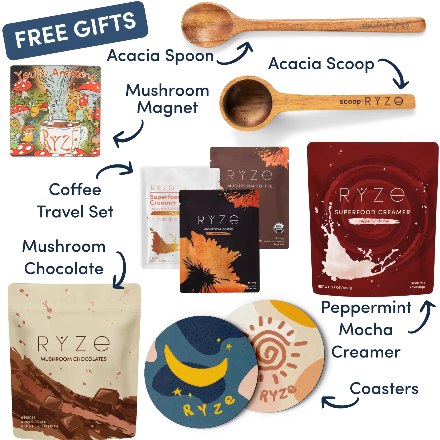 Collection of Ryze products including hot cocoa, wooden utensils, coasters, and a mushroom-themed magnet.