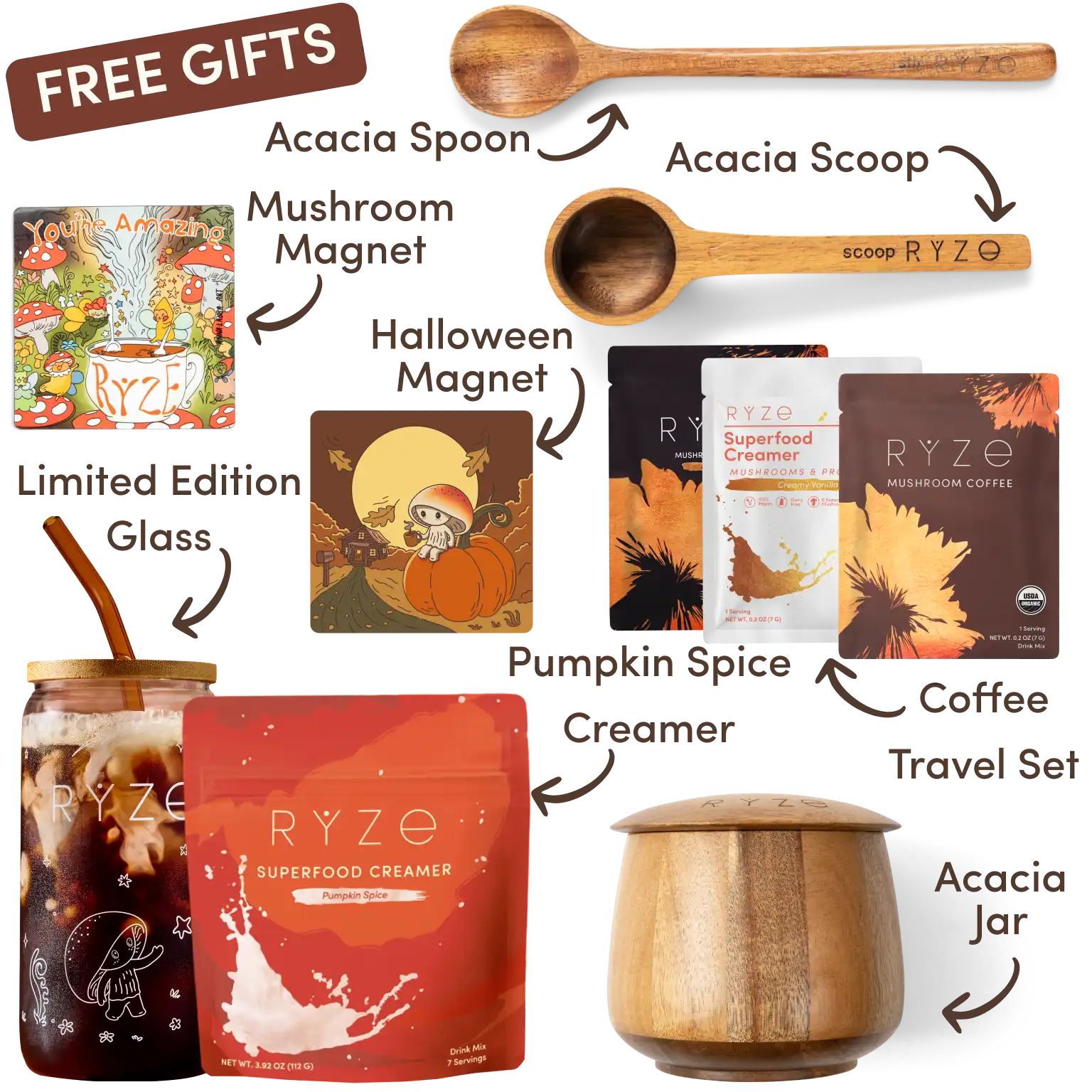 Ryze superfood creamer, acacia spoon, scoop, jar, mushroom magnet, and recipe booklet with 'Free Gifts' label.