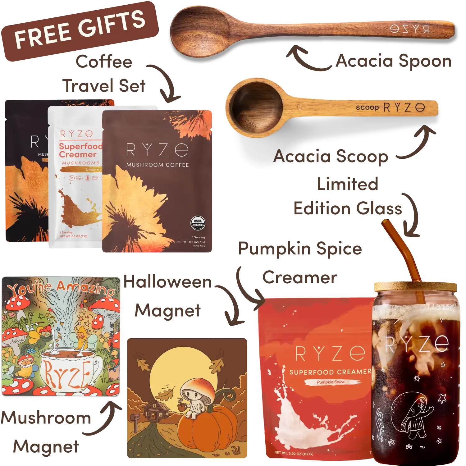 Wooden acacia scoop and spoon with a colorful mushroom-themed magnet.