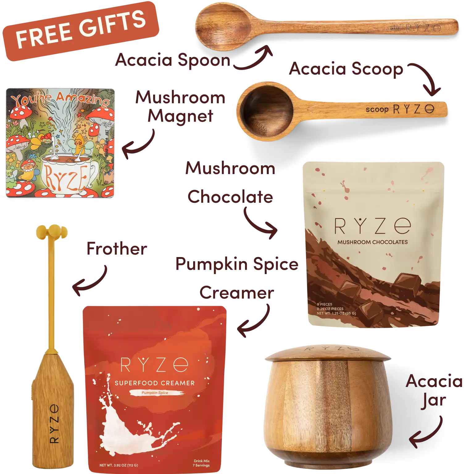 Collection of Ryze products including cocoa, spoon, scoop, coasters, and a mushroom-themed magnet.