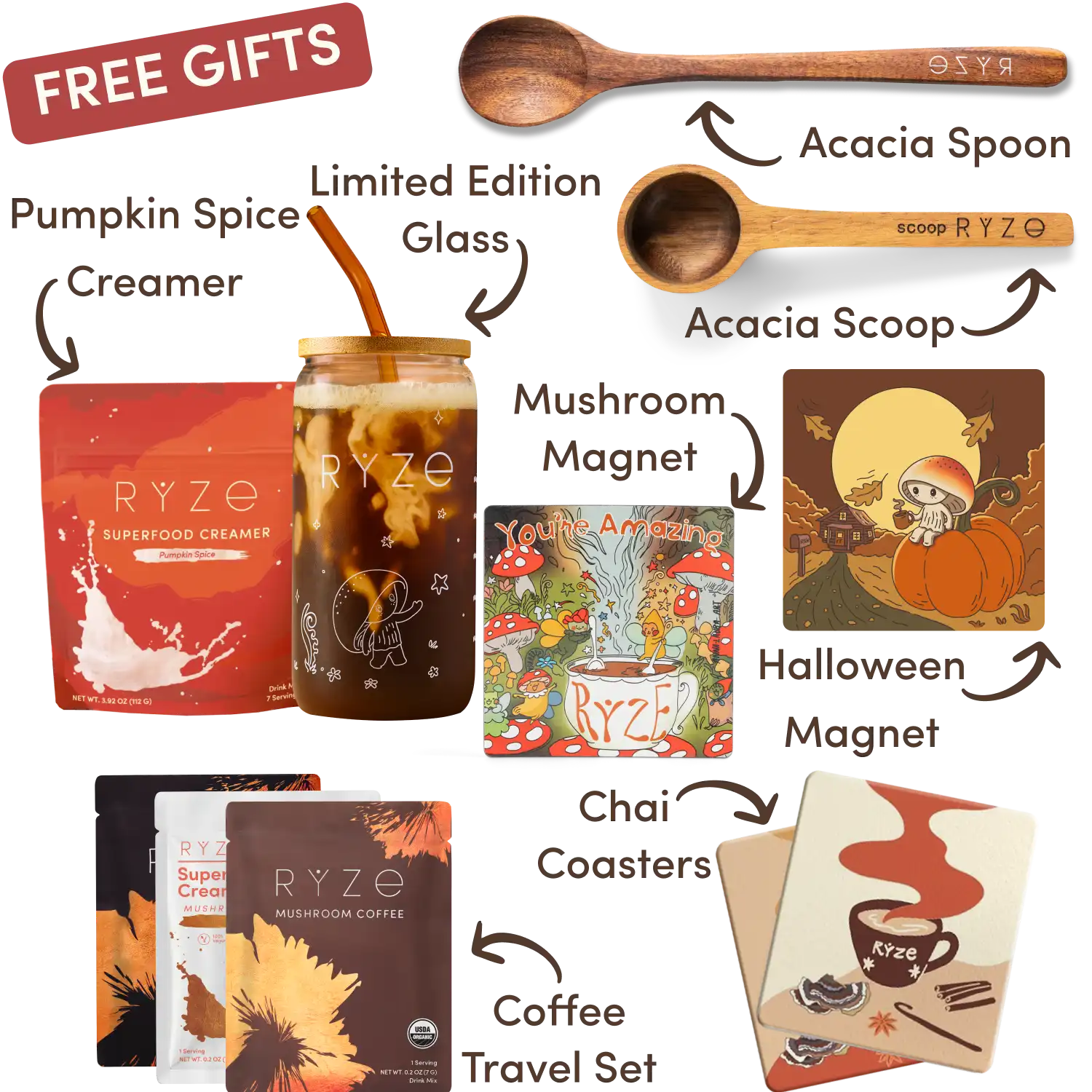 Mushroom hot cocoa, acacia spoon and scoop, coasters, and mushroom magnet with text labels.