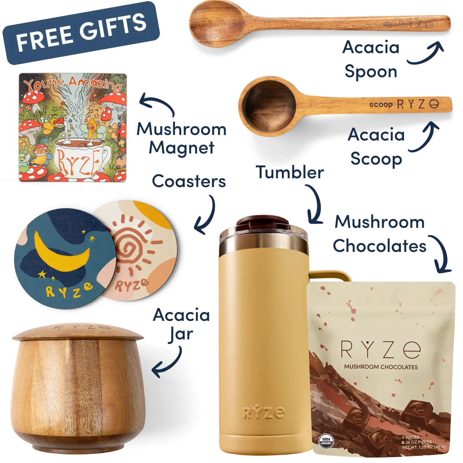 Collection of Ryze products including cocoa, spoon, scoop, coasters, and a mushroom-themed magnet.