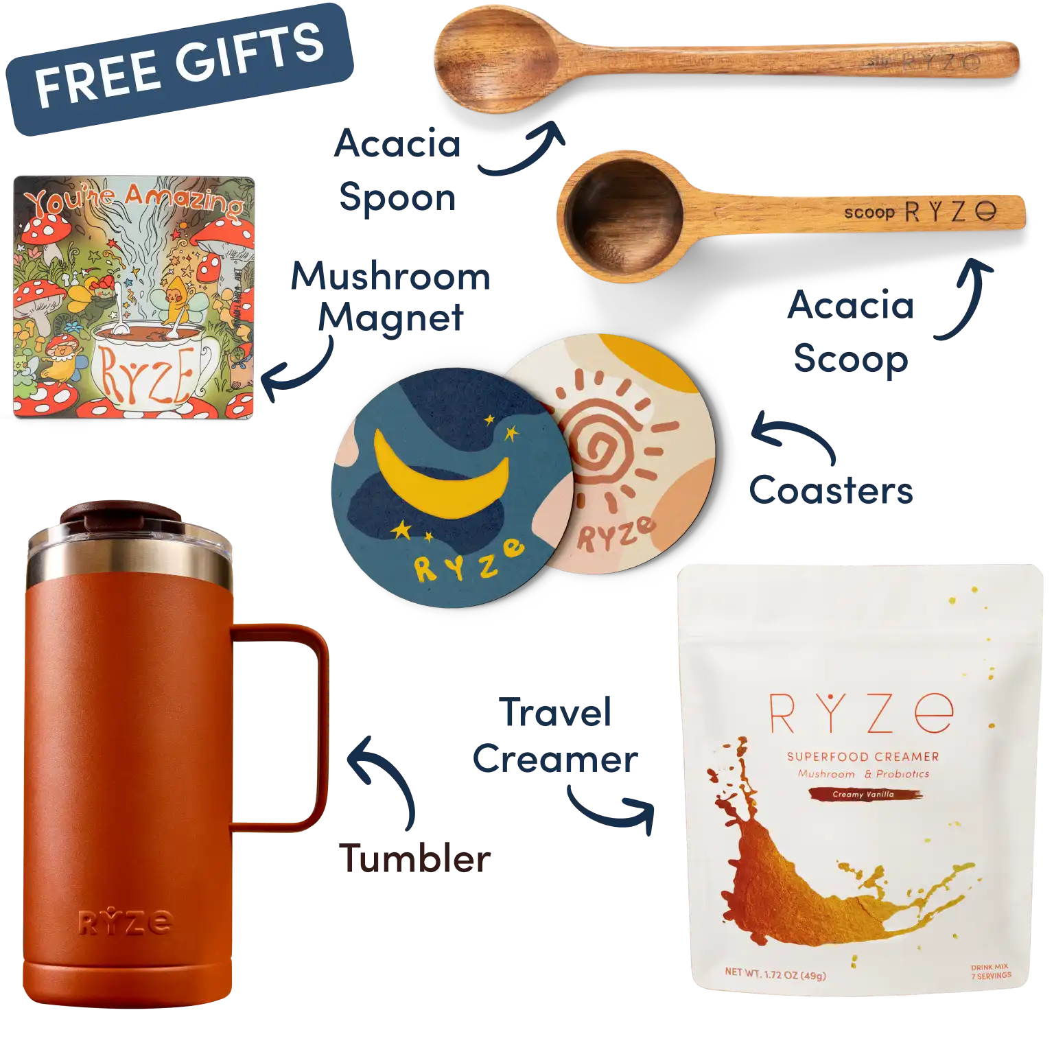 Collection of Ryze products including hot cocoa, wooden utensils, coasters, and a mushroom-themed magnet.