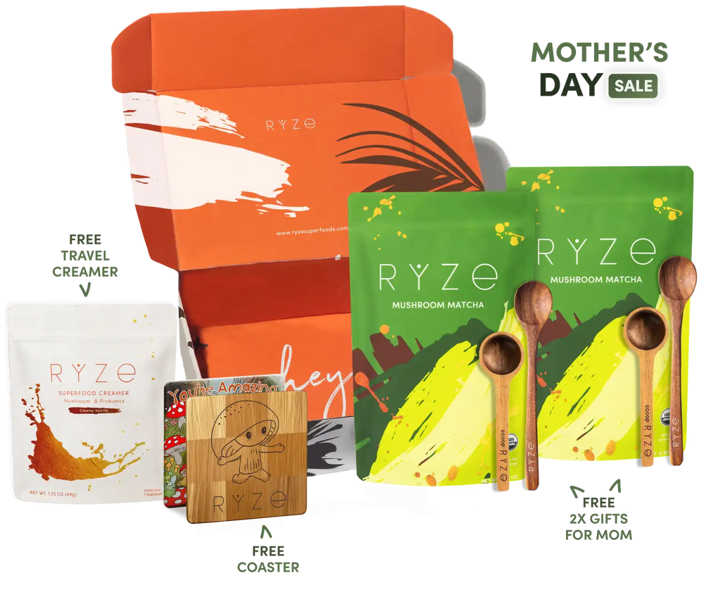 RYZE product packaging with promotional text for Mother's Day sale on a white background
