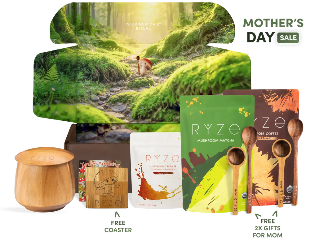 Collection of Ryze products with a scenic background and Mother's Day sale text.